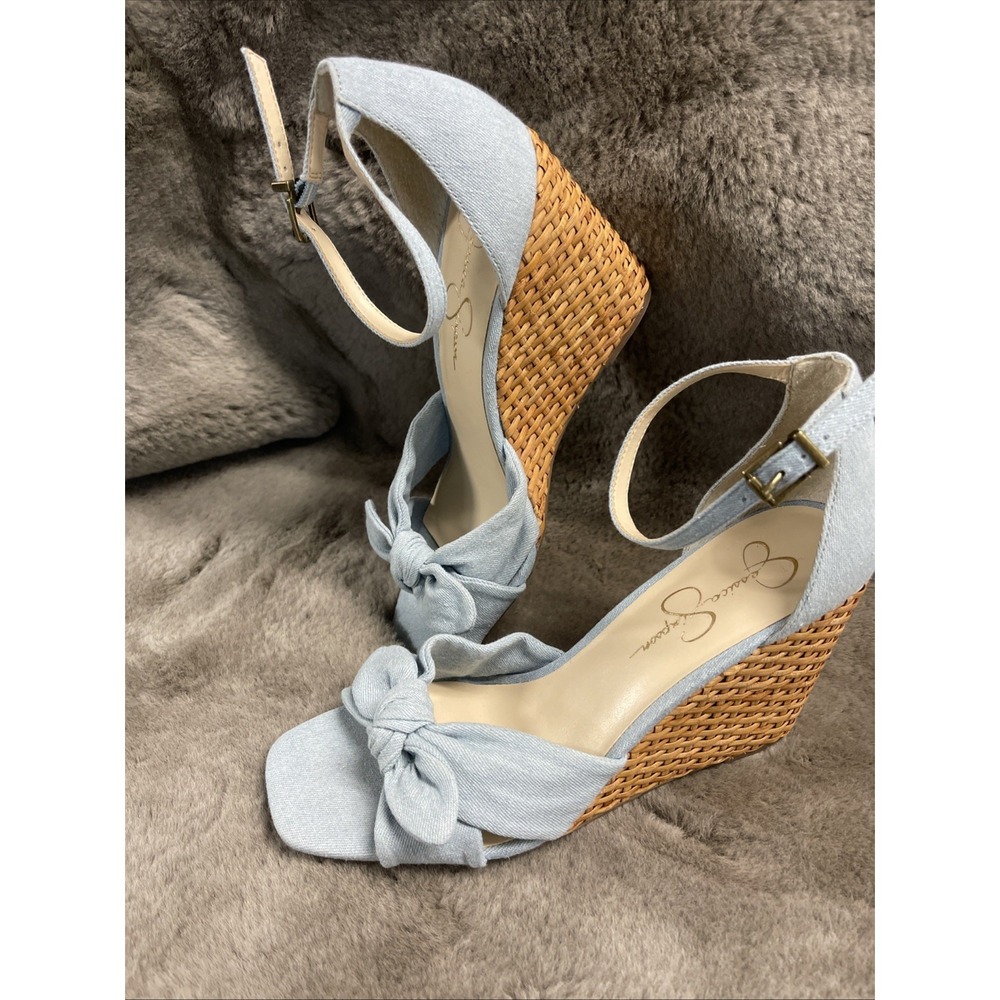 NWOB Jessica Simpson High Heel Weave Wedge Blue Fabric Ankle Strap Open Toe 8.5